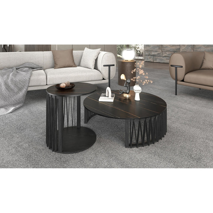 35" Black Marble And Solid Wood Round Nested Coffee Tables Image 2