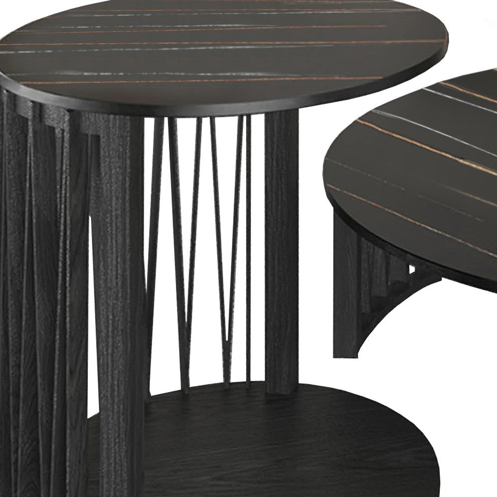 35" Black Marble And Solid Wood Round Nested Coffee Tables Image 3