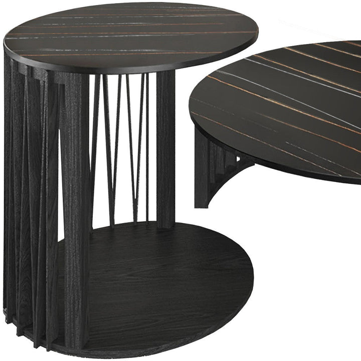 35" Black Marble And Solid Wood Round Nested Coffee Tables Image 4