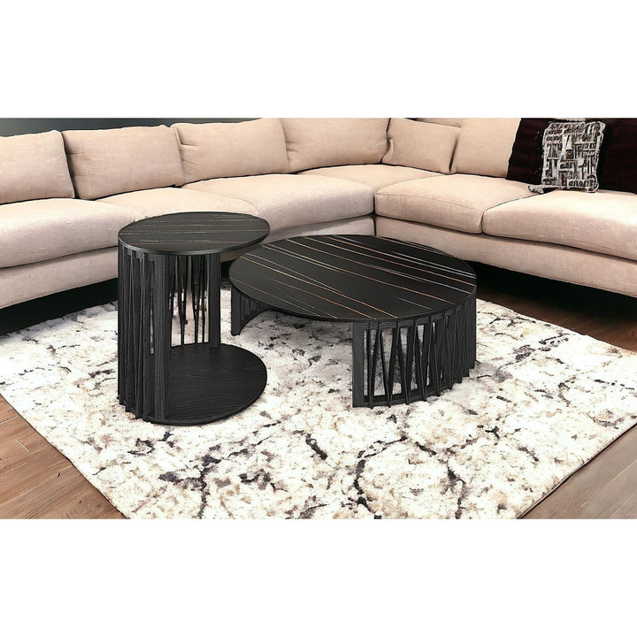 35" Black Marble And Solid Wood Round Nested Coffee Tables Image 5