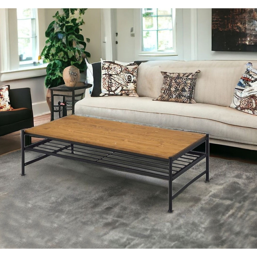 47" Black And Oak Solid Wood Rectangular Coffee Table With Shelf Image 4