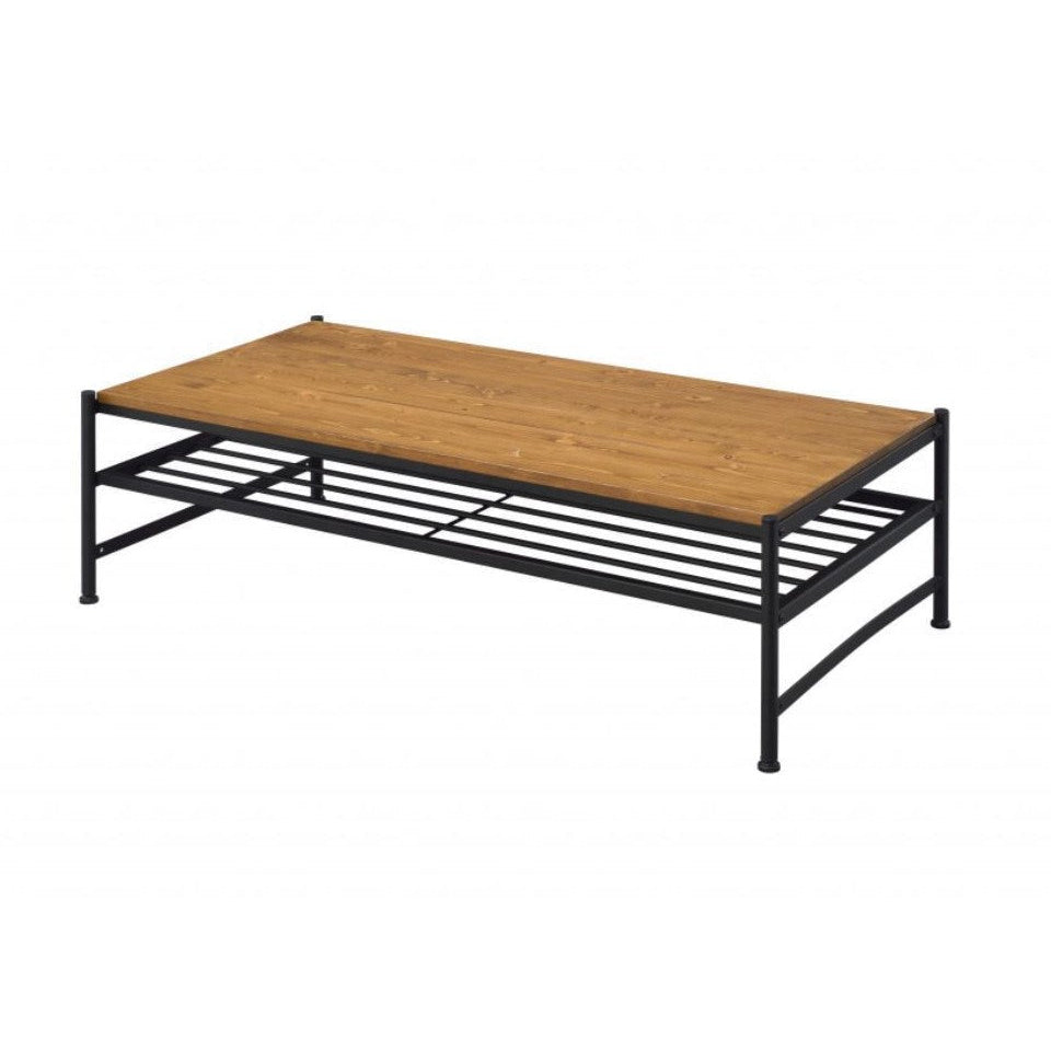 47" Black And Oak Solid Wood Rectangular Coffee Table With Shelf Image 5