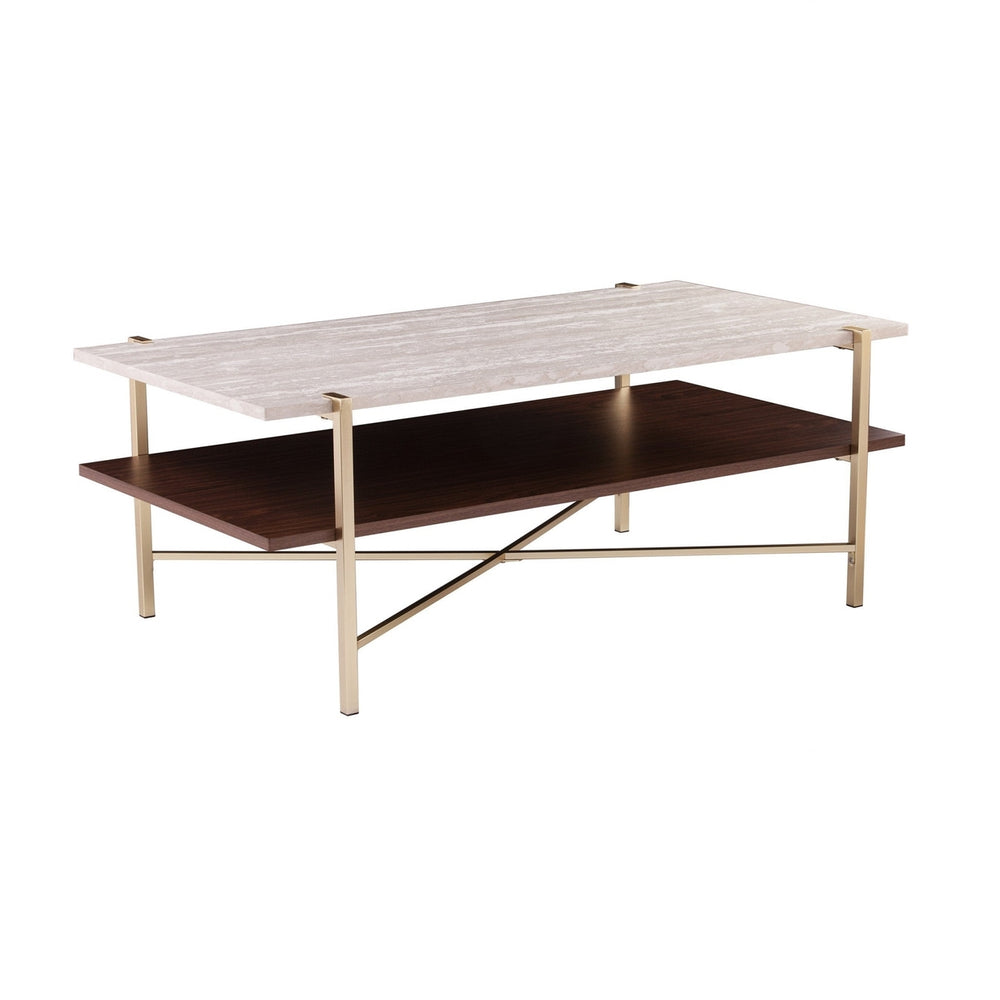 47" Brass Manufactured Wood And Metal Rectangular Coffee Table Image 2