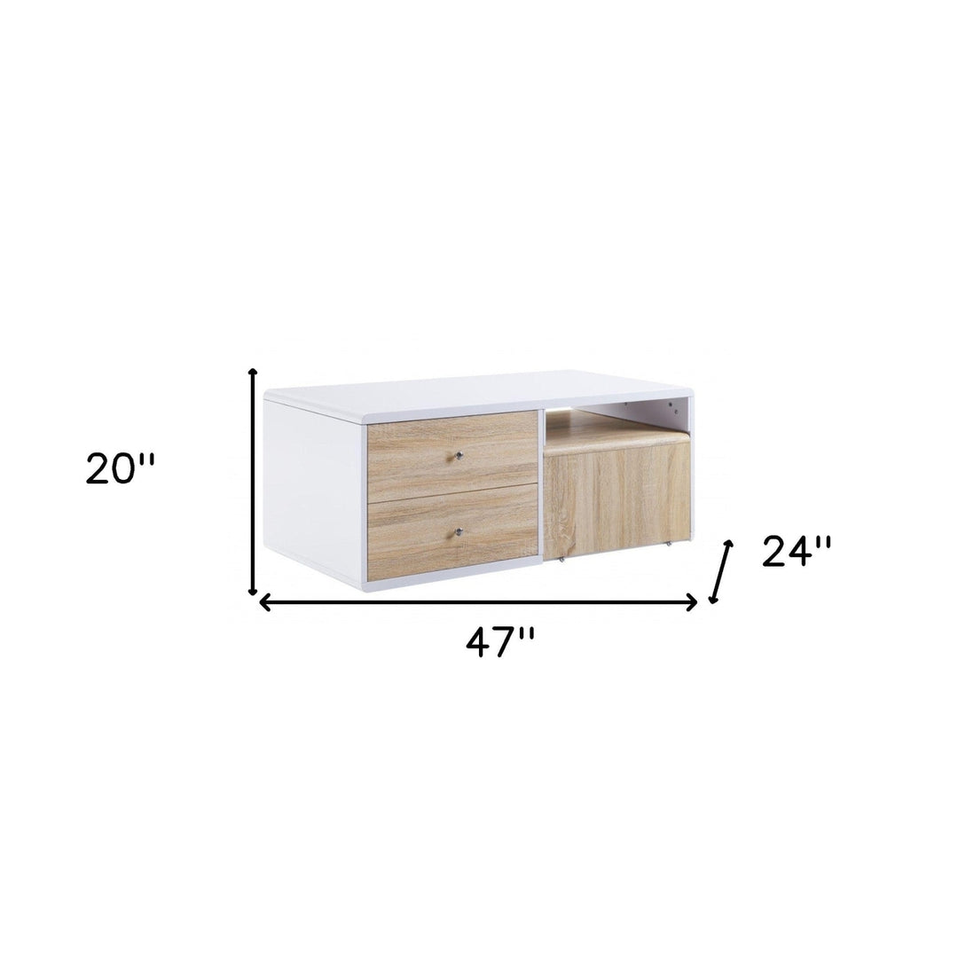 47" White and Natural Coffee Table With Four Drawers Image 5