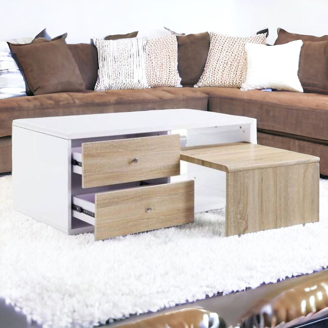 47" White and Natural Coffee Table With Four Drawers Image 8