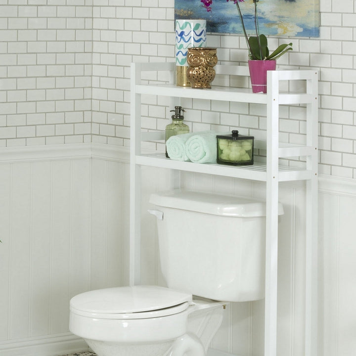 48" White Finish 2 Tier Solid Wood Over Toilet Organizer Image 3