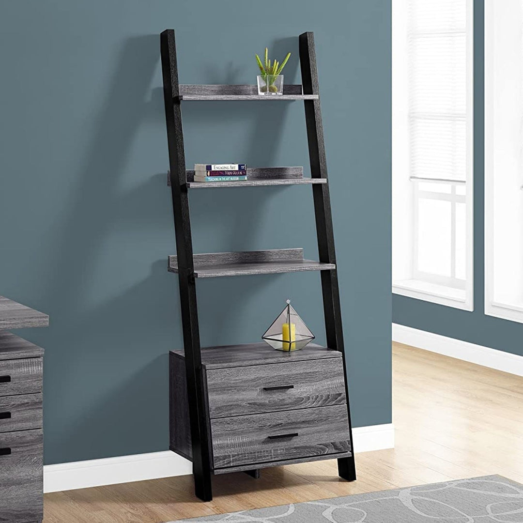 69" Gray and Black Wood Ladder Bookcase With Two drawers Image 4