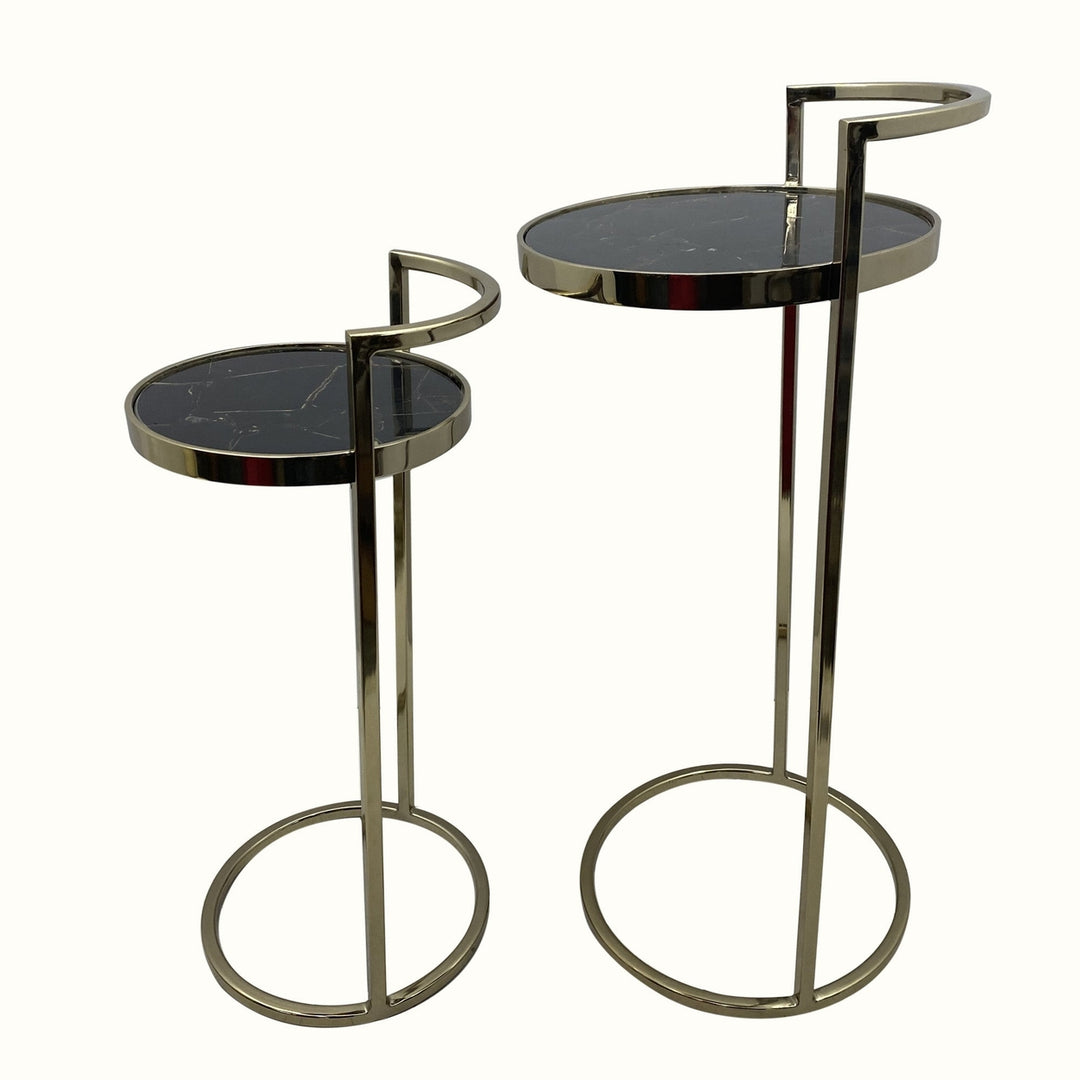 Set Of Two 27" Gold And Black Stone Round Nested Tables Image 1