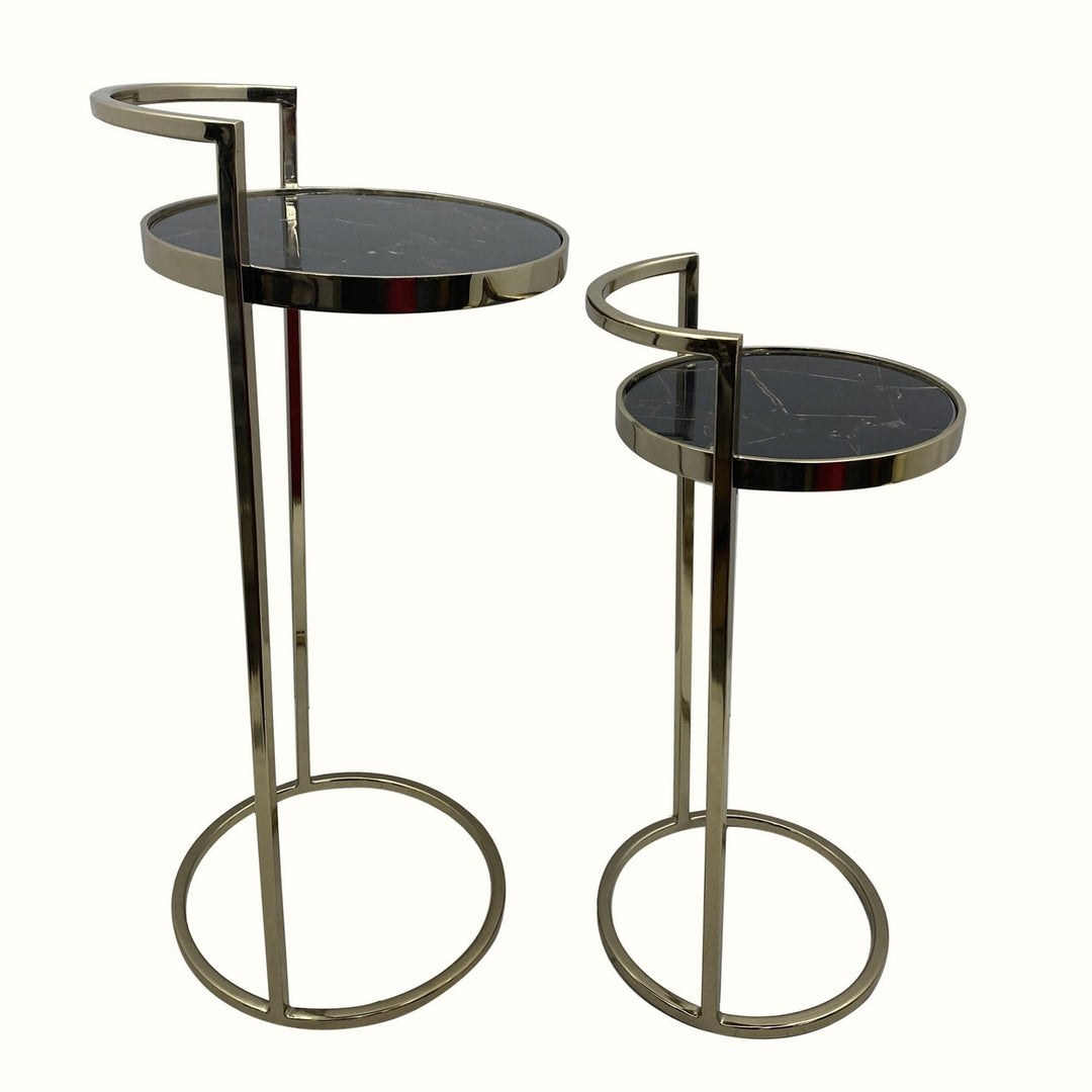 Set Of Two 27" Gold And Black Stone Round Nested Tables Image 3