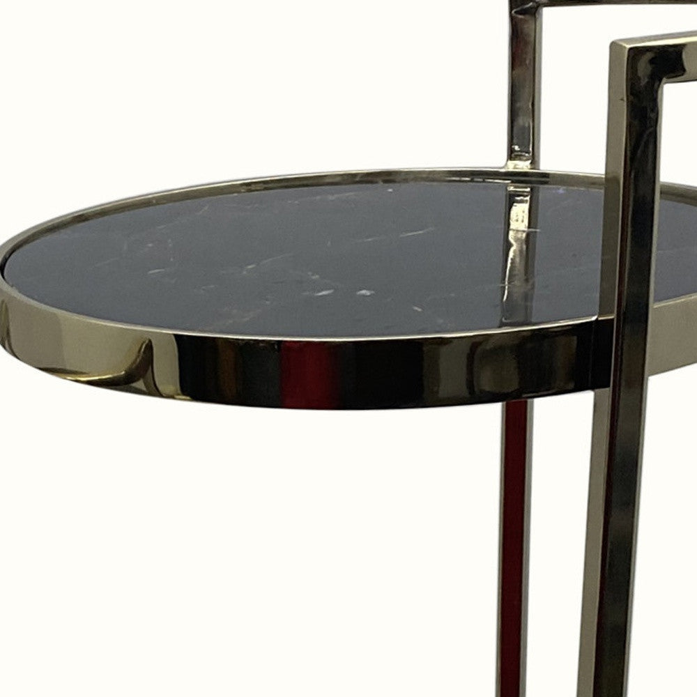 Set Of Two 27" Gold And Black Stone Round Nested Tables Image 5