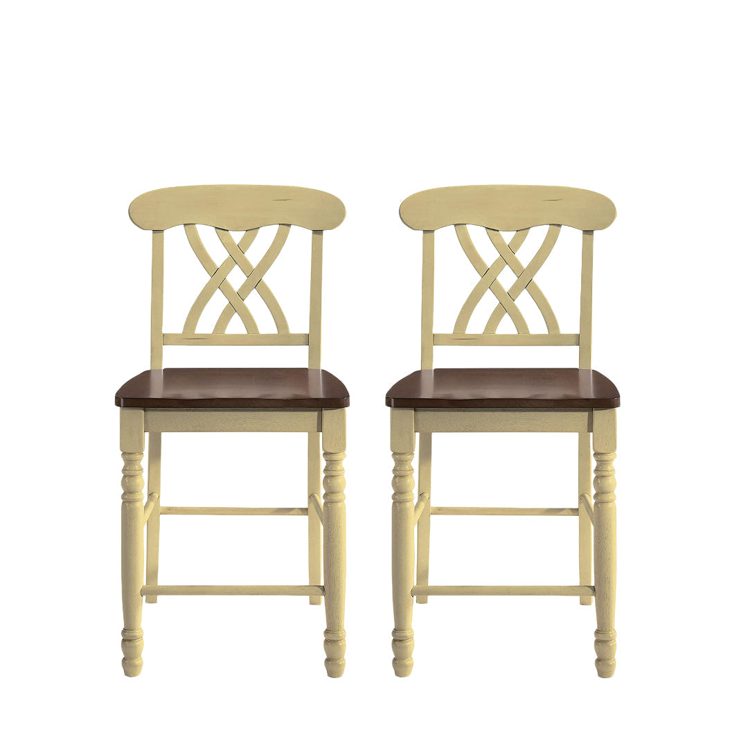 Set of Two 41" Brown And Beige Solid Wood Counter Height Bar Chairs Image 4