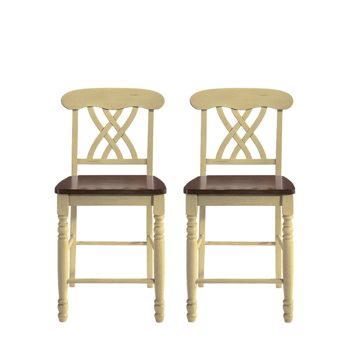 Set of Two 41" Brown And Beige Solid Wood Counter Height Bar Chairs Image 4