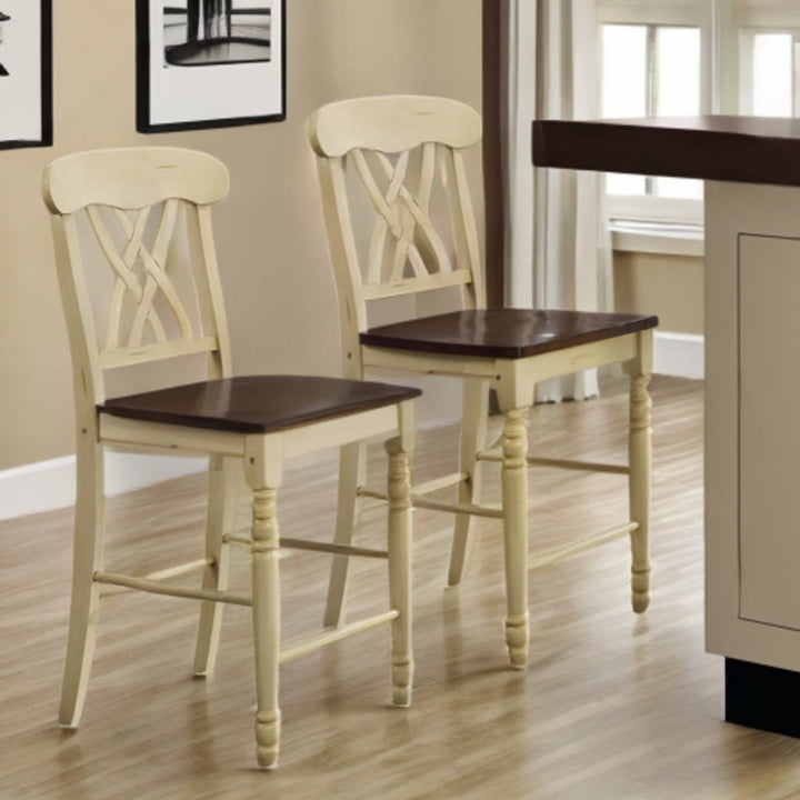 Set of Two 41" Brown And Beige Solid Wood Counter Height Bar Chairs Image 5