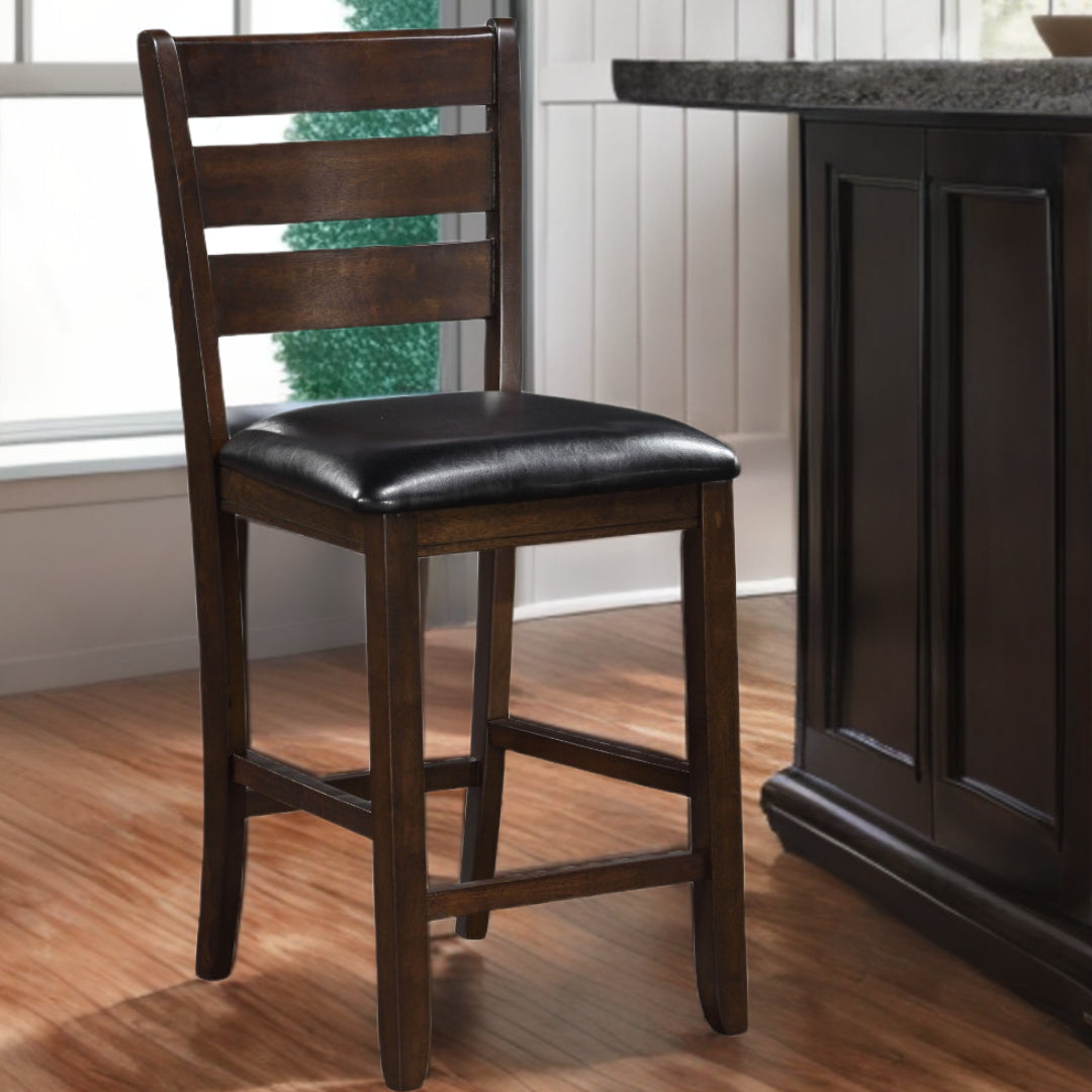 Set of Two 41" Black And Brown Faux Leather And Solid Wood Counter Height Bar Chairs Image 6