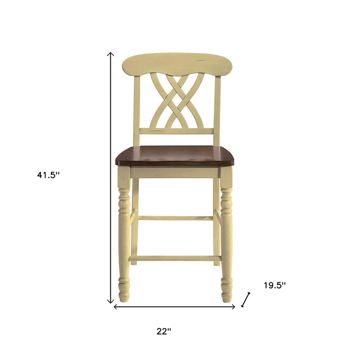 Set of Two 41" Brown And Beige Solid Wood Counter Height Bar Chairs Image 6