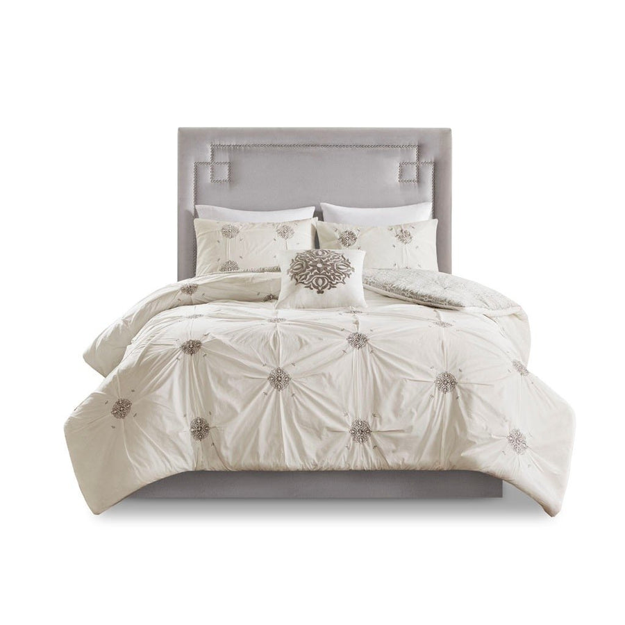 Gracie Mills Reversible Cotton Duvet Cover Set Ivory Grey Embroidered 4-Piece GRACE-12207 Image 1