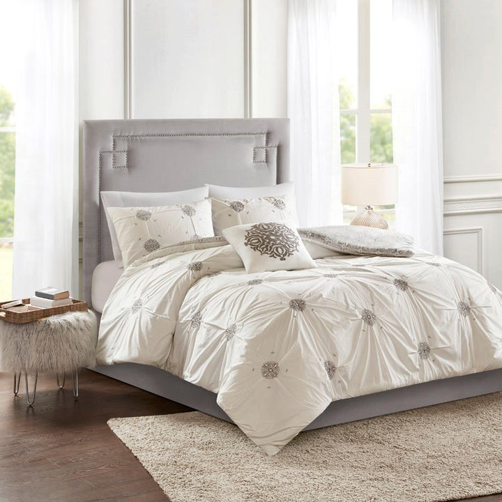 Gracie Mills Reversible Cotton Duvet Cover Set Ivory Grey Embroidered 4-Piece GRACE-12207 Image 2