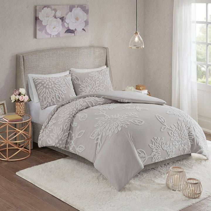 Gracie Mills Anita 3-Piece Tufted Cotton Chenille Floral Duvet Cover Set Grey Image 2