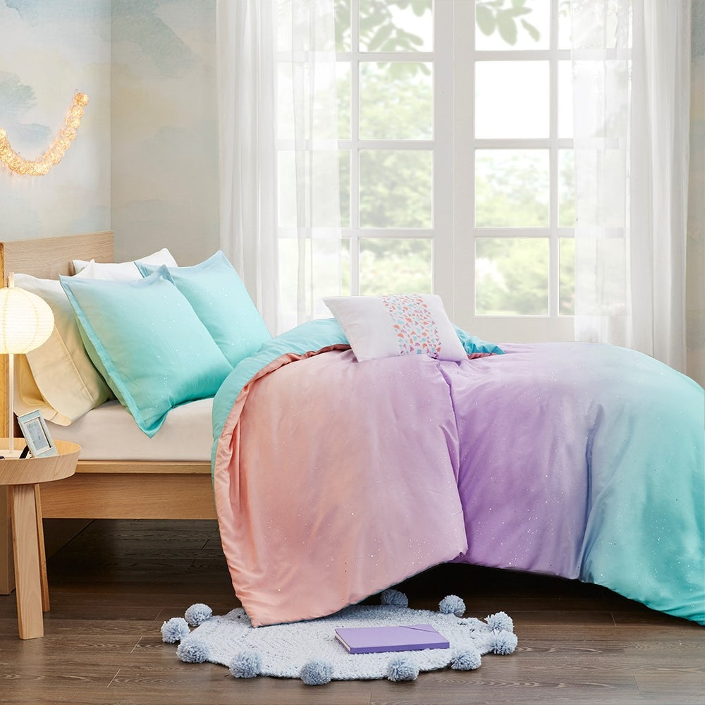 Gracie Mills Dagny Ombre Glitter Reversible Duvet Cover Set Aqua Blush Purple Image 2