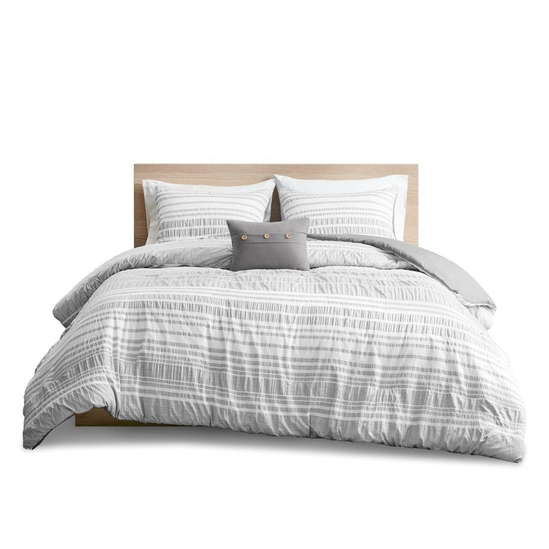 Gracie Mills Grey Striped Duvet Cover Set Modern Ruched Design Twin Queen GRACE-14022 Image 1