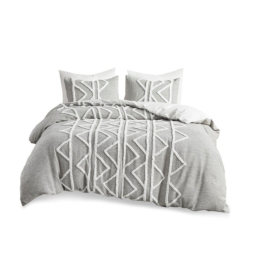 Gracie Mills Priscilla 3-Piece Cotton Comforter Set Grey Chambray Geometric Design Image 1