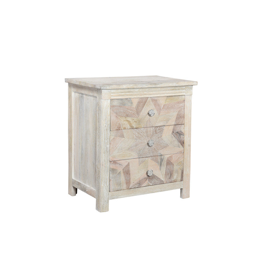 30" Distressed White Three Drawer Geometric Pattern Solid Wood Nightstand Image 1