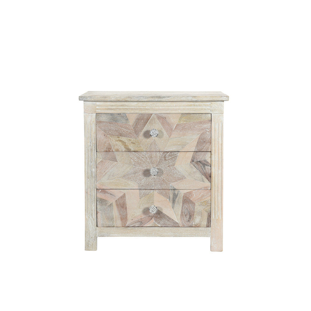 30" Distressed White Three Drawer Geometric Pattern Solid Wood Nightstand Image 2