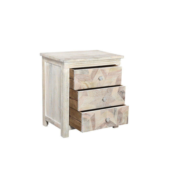 30" Distressed White Three Drawer Geometric Pattern Solid Wood Nightstand Image 3