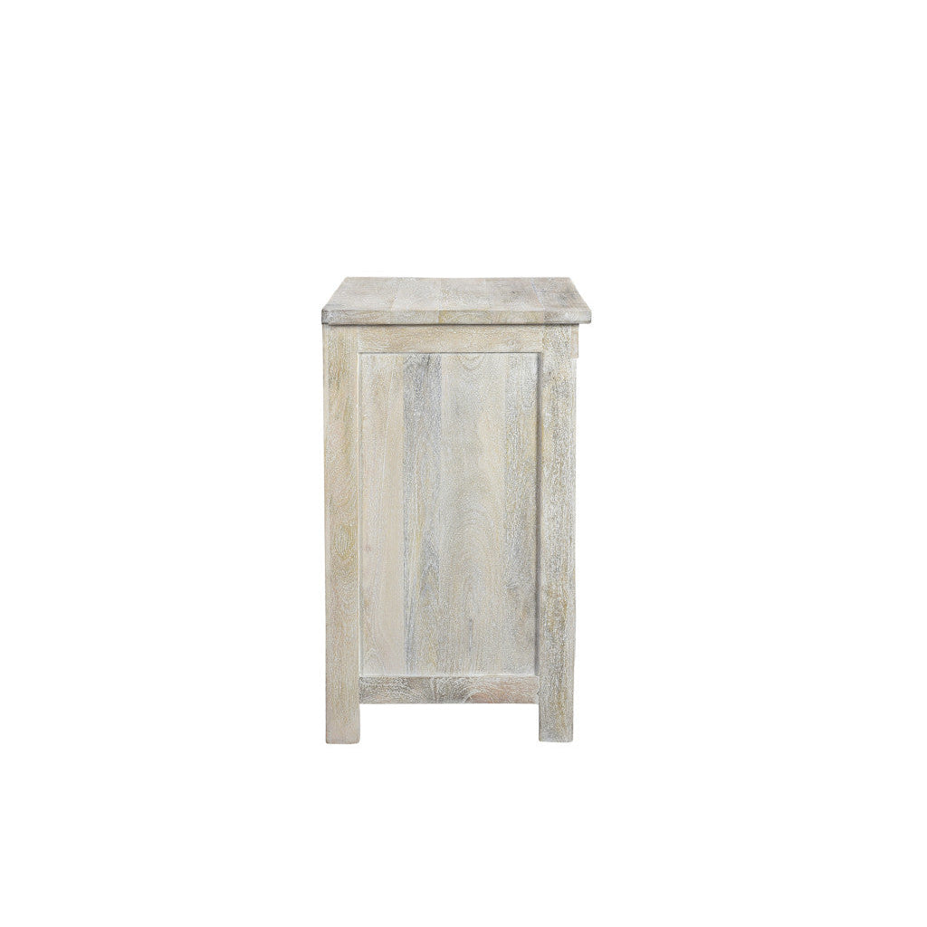 30" Distressed White Three Drawer Geometric Pattern Solid Wood Nightstand Image 6