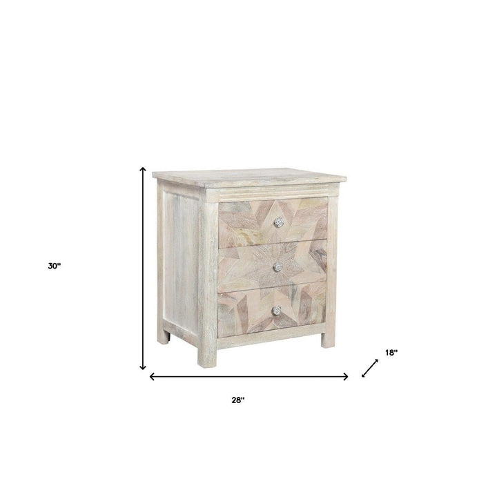 30" Distressed White Three Drawer Geometric Pattern Solid Wood Nightstand Image 7