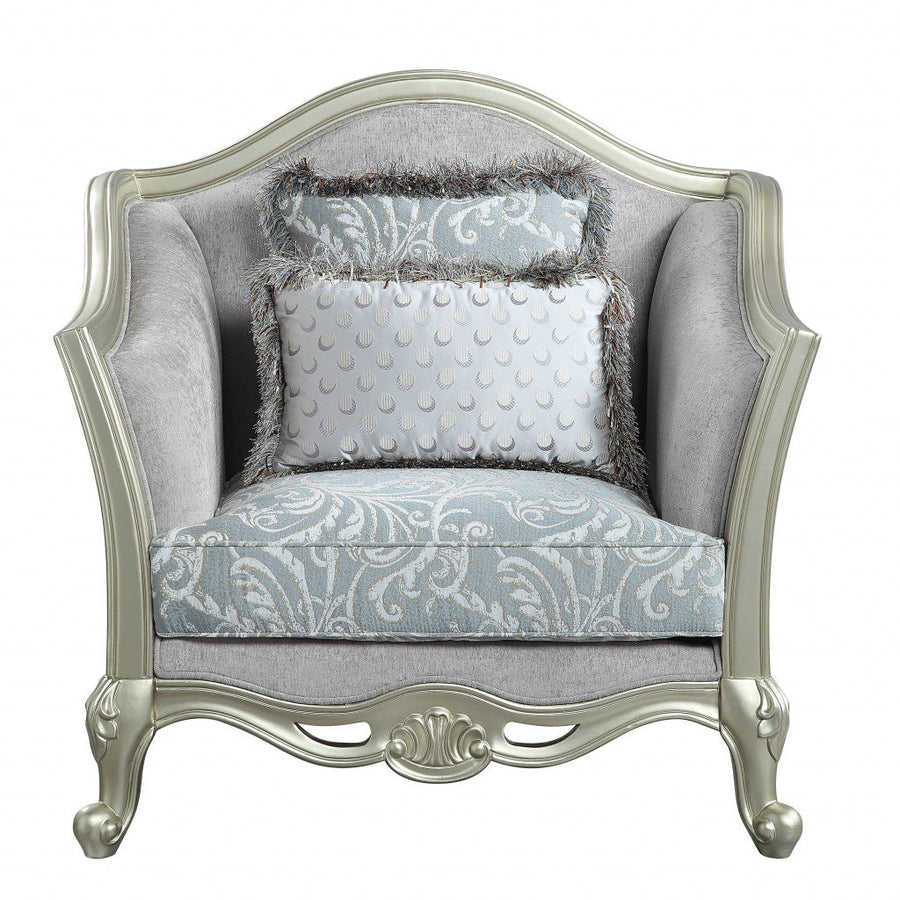 44" Light Gray Linen And Champagne Floral Arm Chair Image 1