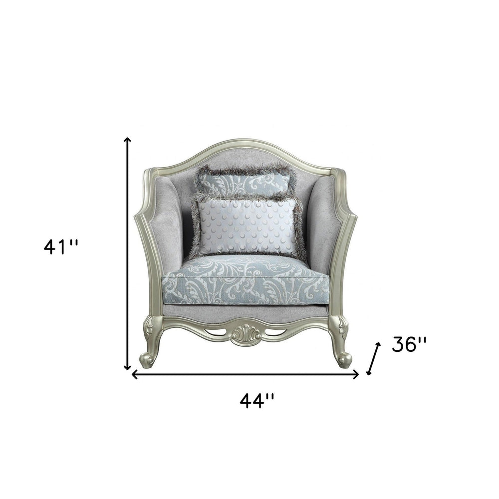 44" Light Gray Linen And Champagne Floral Arm Chair Image 2