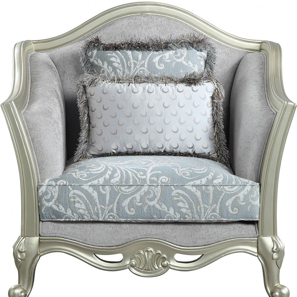 44" Light Gray Linen And Champagne Floral Arm Chair Image 4