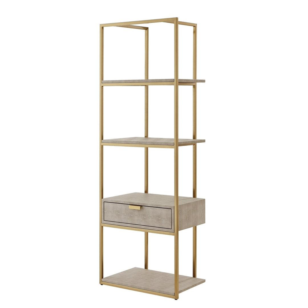 68" Navy Blue Stainless Steel Four Tier Etagere Bookcase with a drawer Image 6