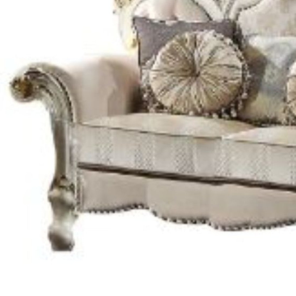 70" Gold And Pearl Velvet Loveseat and Toss Pillows Image 2