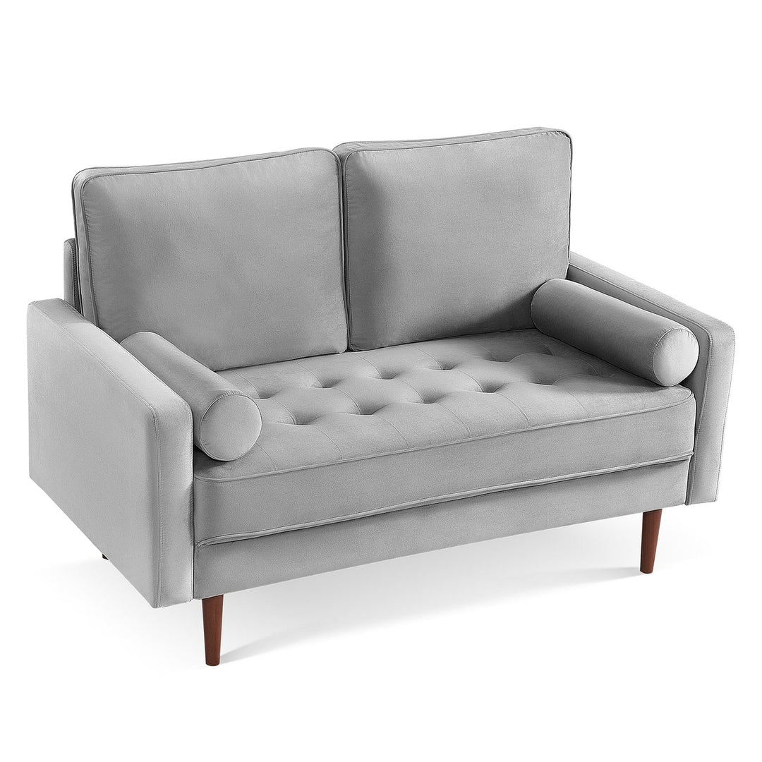 57" Gray And Dark Brown Velvet Loveseat and Toss Pillows Image 2