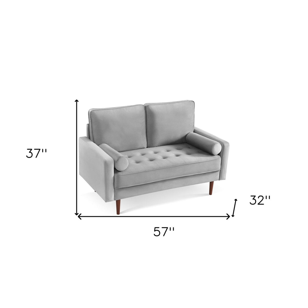 57" Gray And Dark Brown Velvet Loveseat and Toss Pillows Image 5