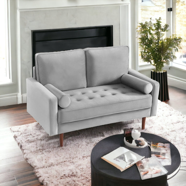 57" Gray And Dark Brown Velvet Loveseat and Toss Pillows Image 6