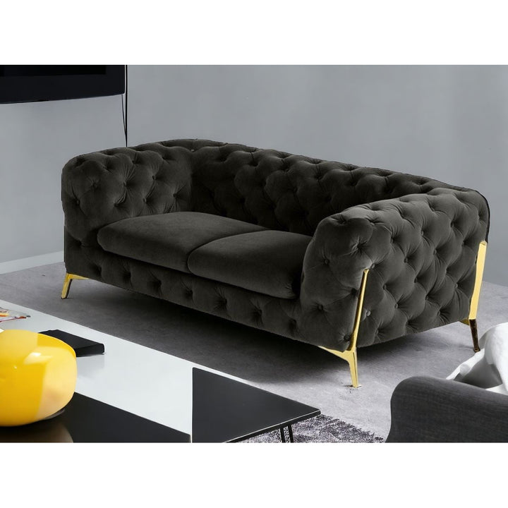 74" Dark Grey And Gold Velour Chesterfield Loveseat Image 5