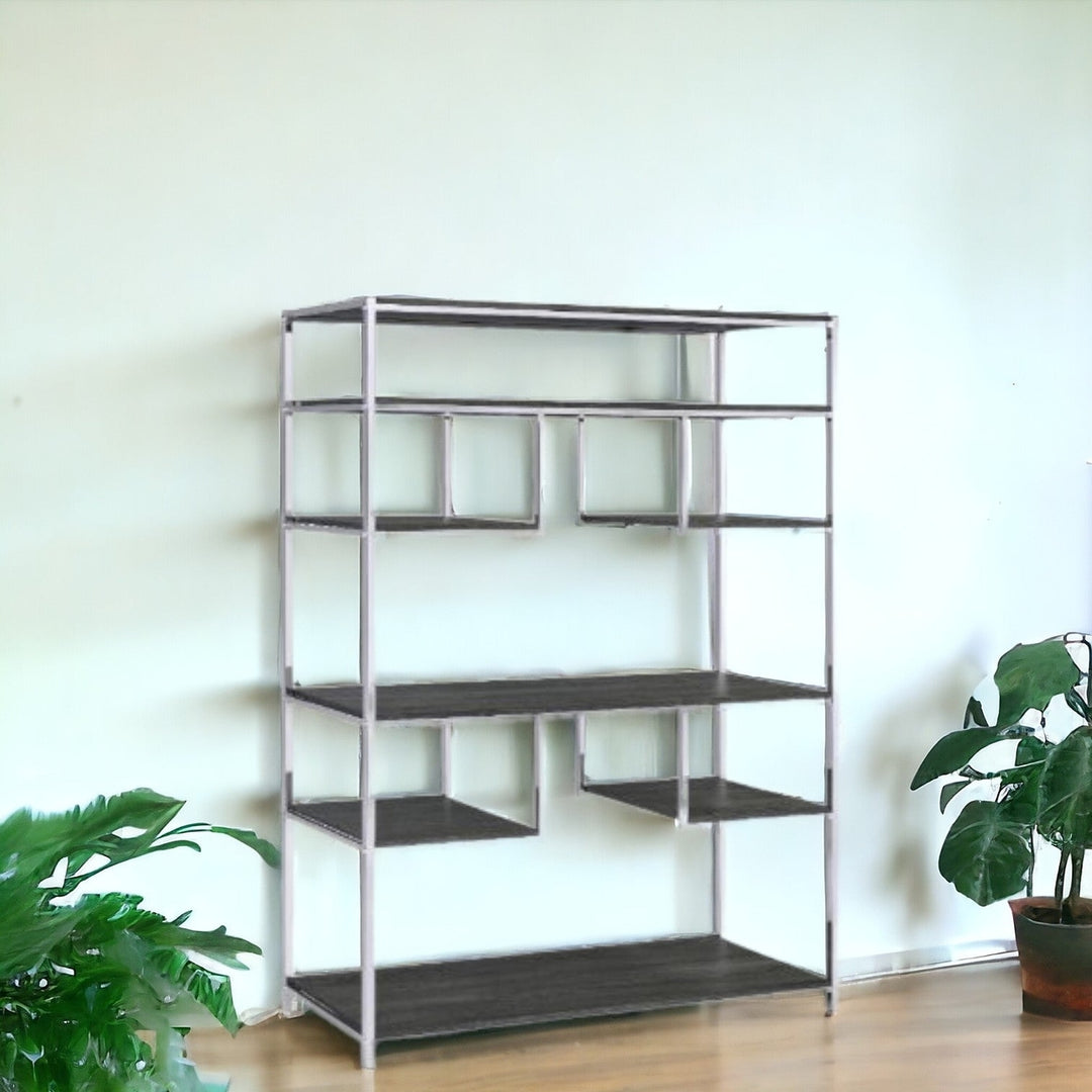 72" Gray and Silver Metal Seven Tier Geometric Bookcase Image 6