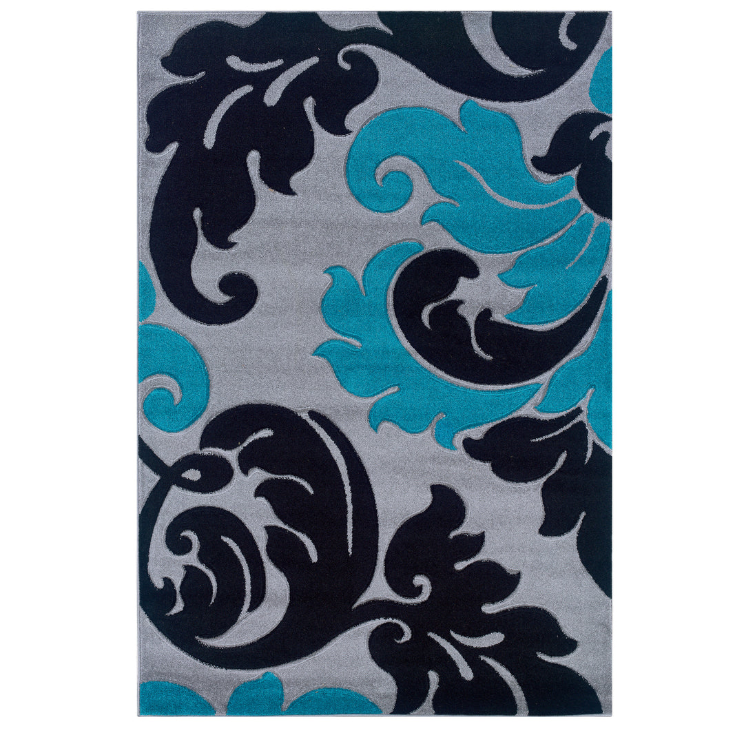 Corfu Damask Area Rug Grey Turquoise 8x10.3 Power Loomed Frieze Yarn Turkey Image 1