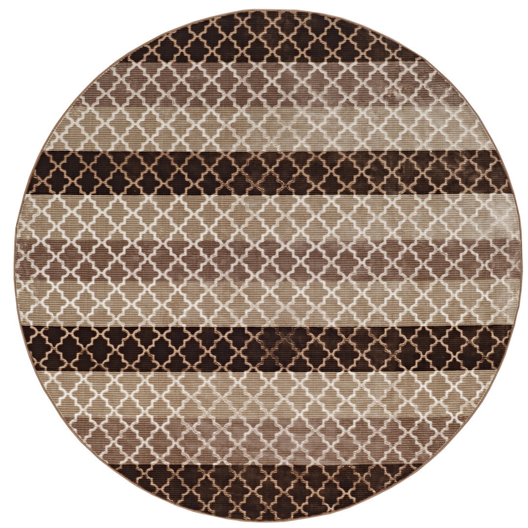 Evolution Trellis Stripes Rug Beige 8ft Round Low Pile Polyester Image 1