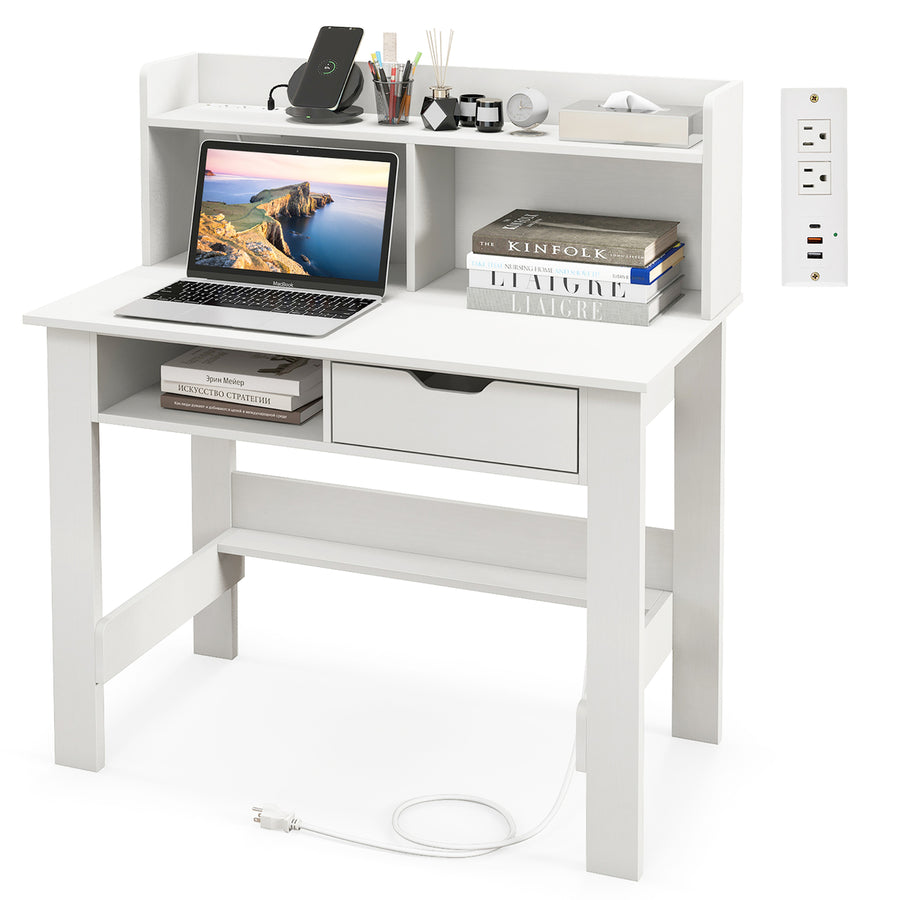 Computer Desk w/ Power Outlets and USB Ports and Type-C Study Writing Desk w/ Hutch Image 1