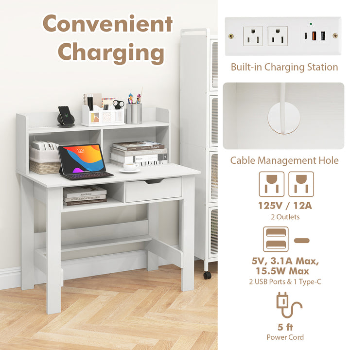 Computer Desk w/ Power Outlets and USB Ports and Type-C Study Writing Desk w/ Hutch Image 8