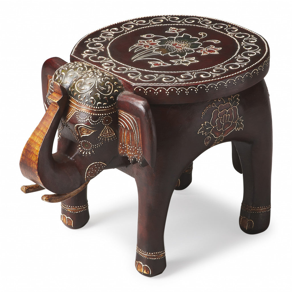 15" Warm Brown Hand Painted Floral 3D Elephant End Table Image 1