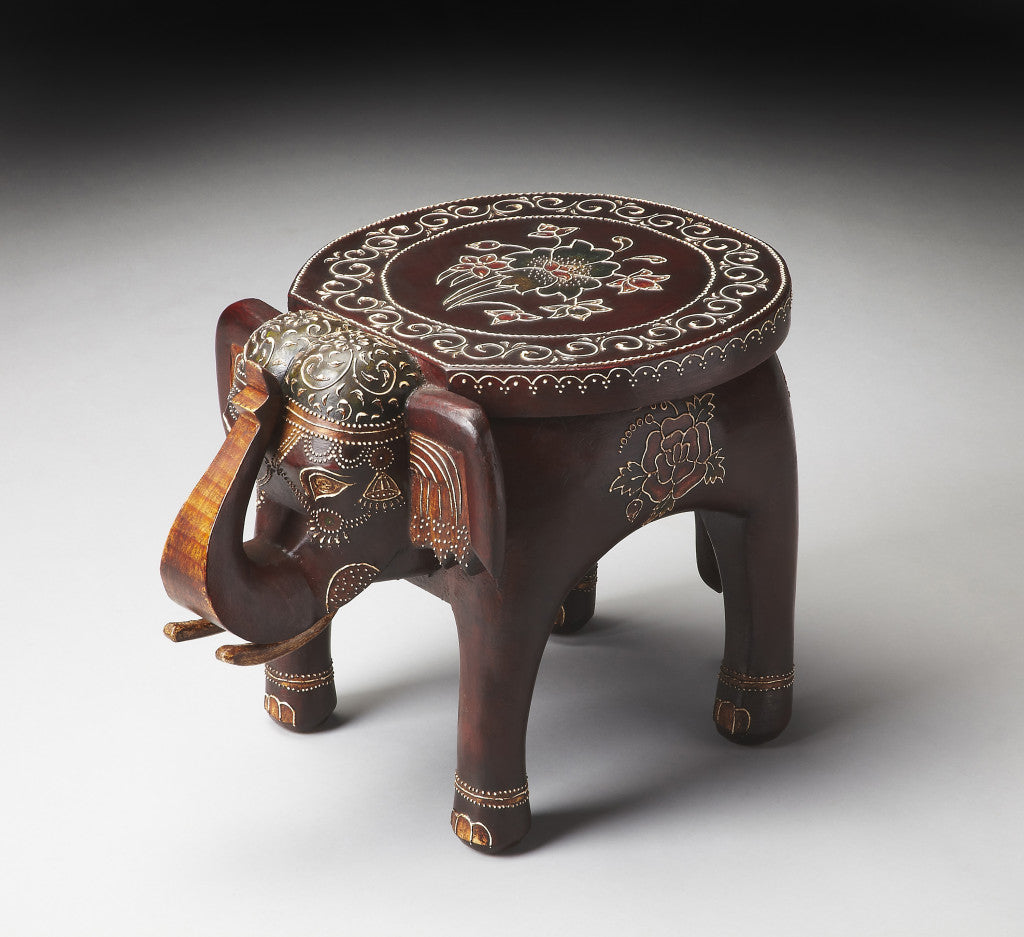 15" Warm Brown Hand Painted Floral 3D Elephant End Table Image 3