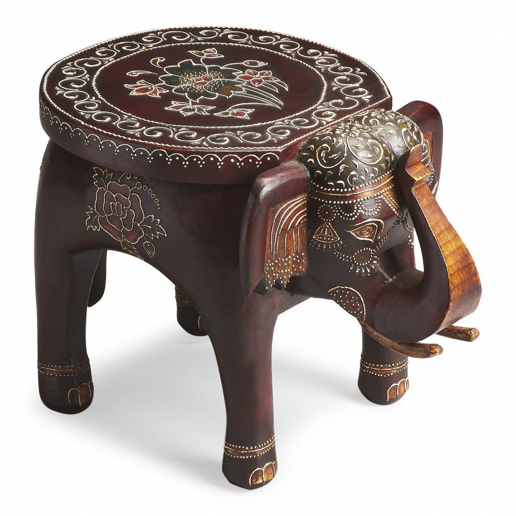 15" Warm Brown Hand Painted Floral 3D Elephant End Table Image 4