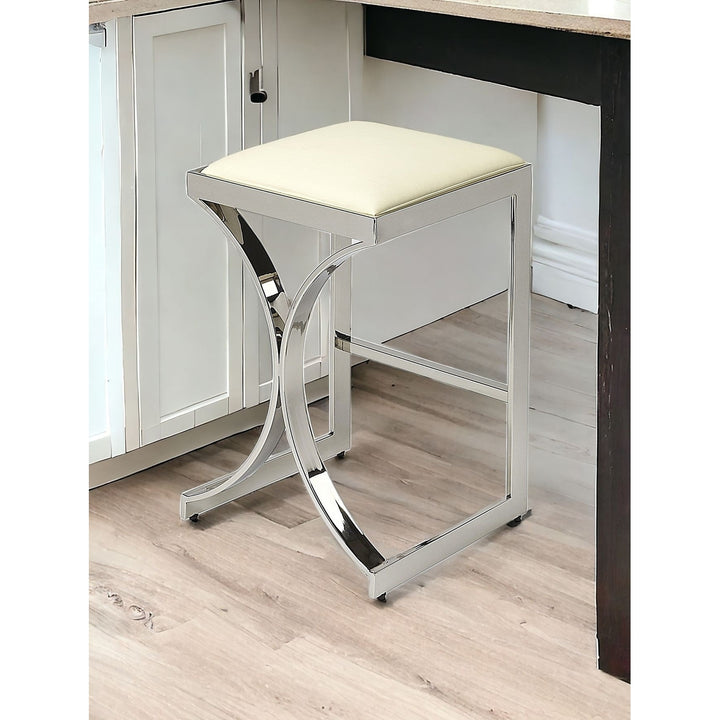 24" Off White And Silver Faux Leather And Iron Backless Counter Height Bar Chair Image 8