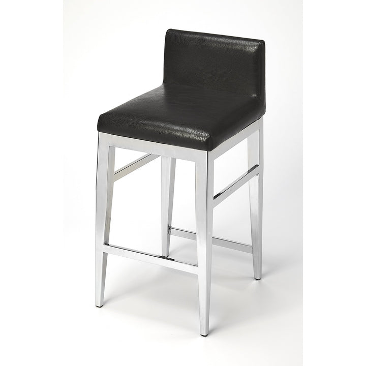 25" Black And Silver Metallic Faux Leather And Steel Bar Chair Image 1