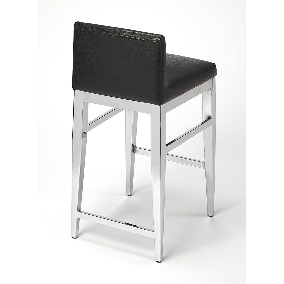 25" Black And Silver Metallic Faux Leather And Steel Bar Chair Image 2